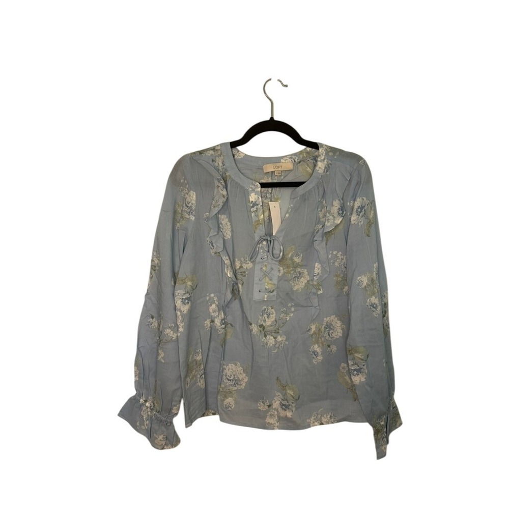 LOFT Blue Floral Ruffle Long Sleeve Blouse‎ Top Women's Size M Medium NWT